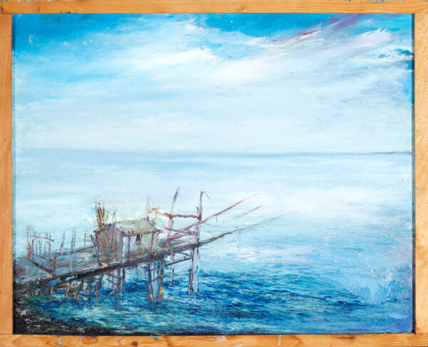 Il Trabucco | Seascape Oil & Chalk Canvas on Wood with Frame | Antonella Natalis